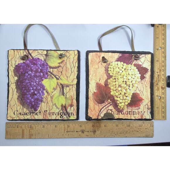 2 Artist Palette Wine Grapes Slate Wall Plaques Evergreen Hand Crafted - Picture 10 of 10